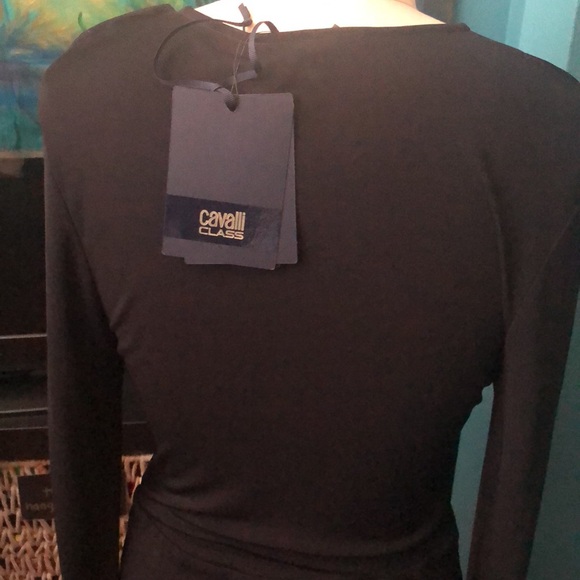 Cavalli black slim snake belt dress w/ gathered front skirt & plunging neckline - Picture 9 of 15